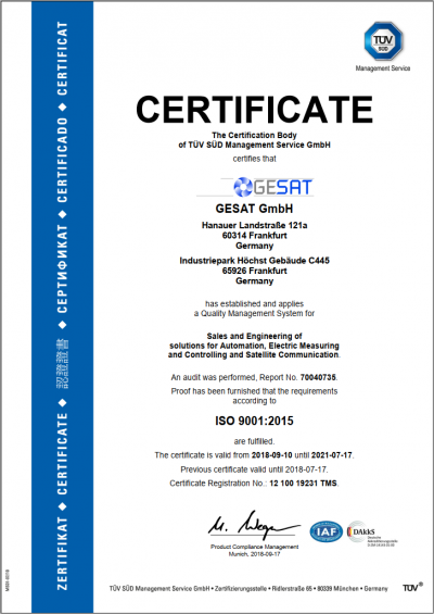 GESAT TÜV-Zertifikat ISO 9001:2015